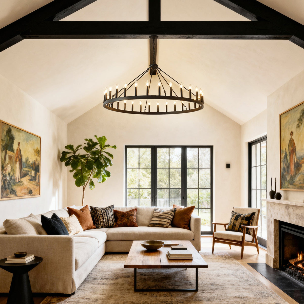 53" Matte Black Wagon Wheel Chandelier with 30 Lights – Rustic Farmhouse Ceiling Light