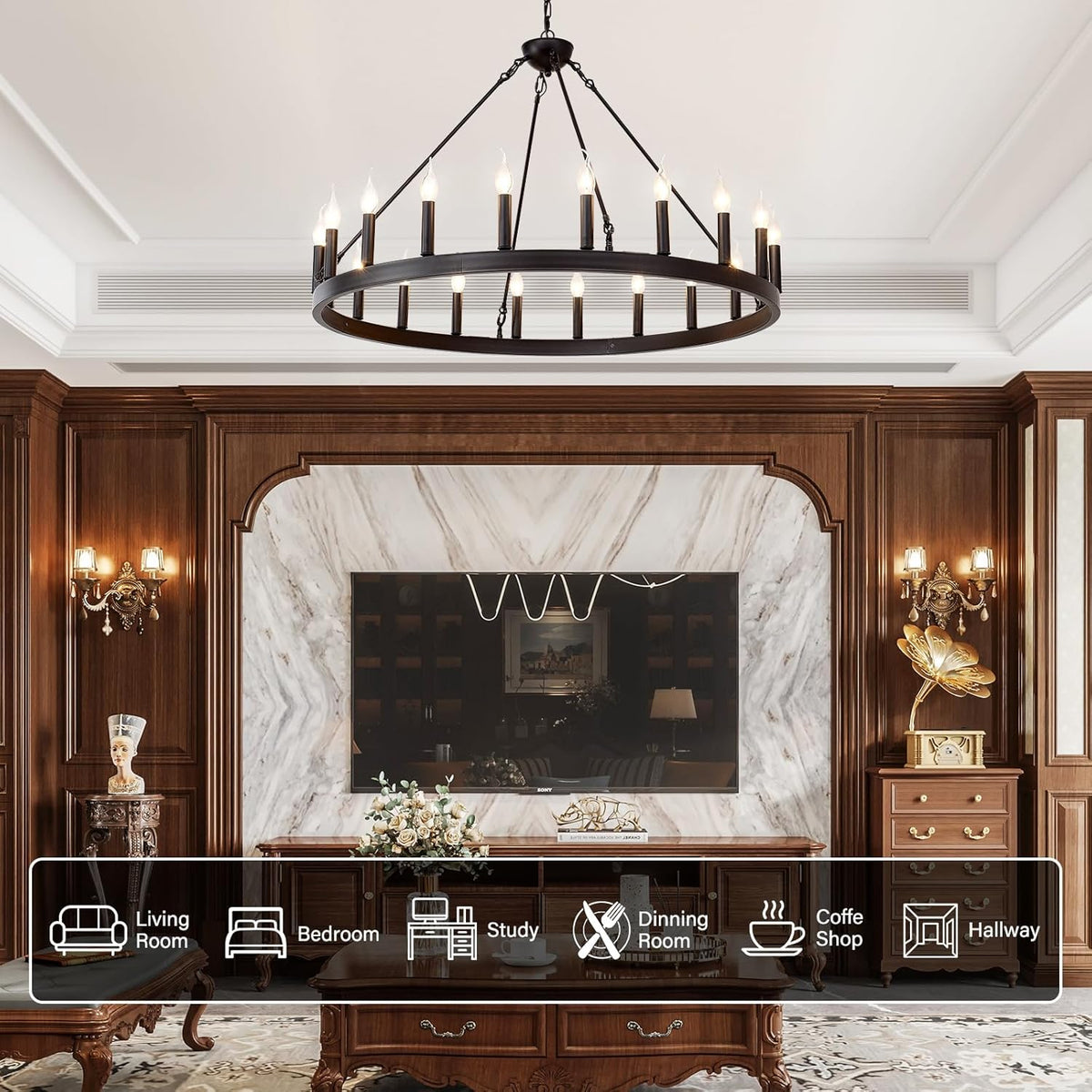 Farmhouse Wagon Wheel Chandelier – Rustic Wood & Metal Ceiling Light for Dining Room & Living Room
