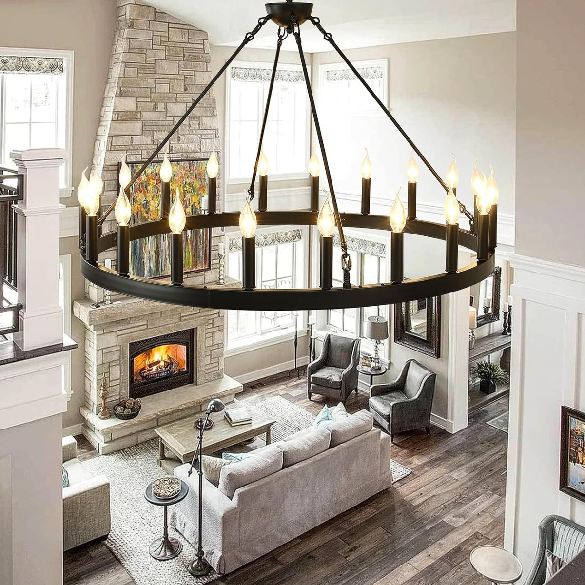 Farmhouse Wagon Wheel Chandelier – Rustic Wood & Metal Ceiling Light for Dining Room & Living Room