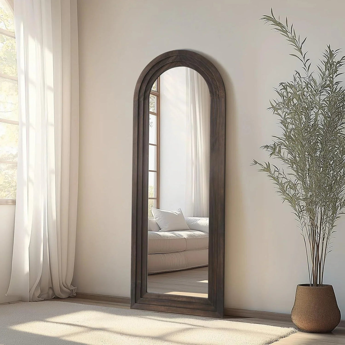 Rustic Farmhouse Arched Floor Mirror – Solid Wood Full Length Leaner Mirror for Bedroom