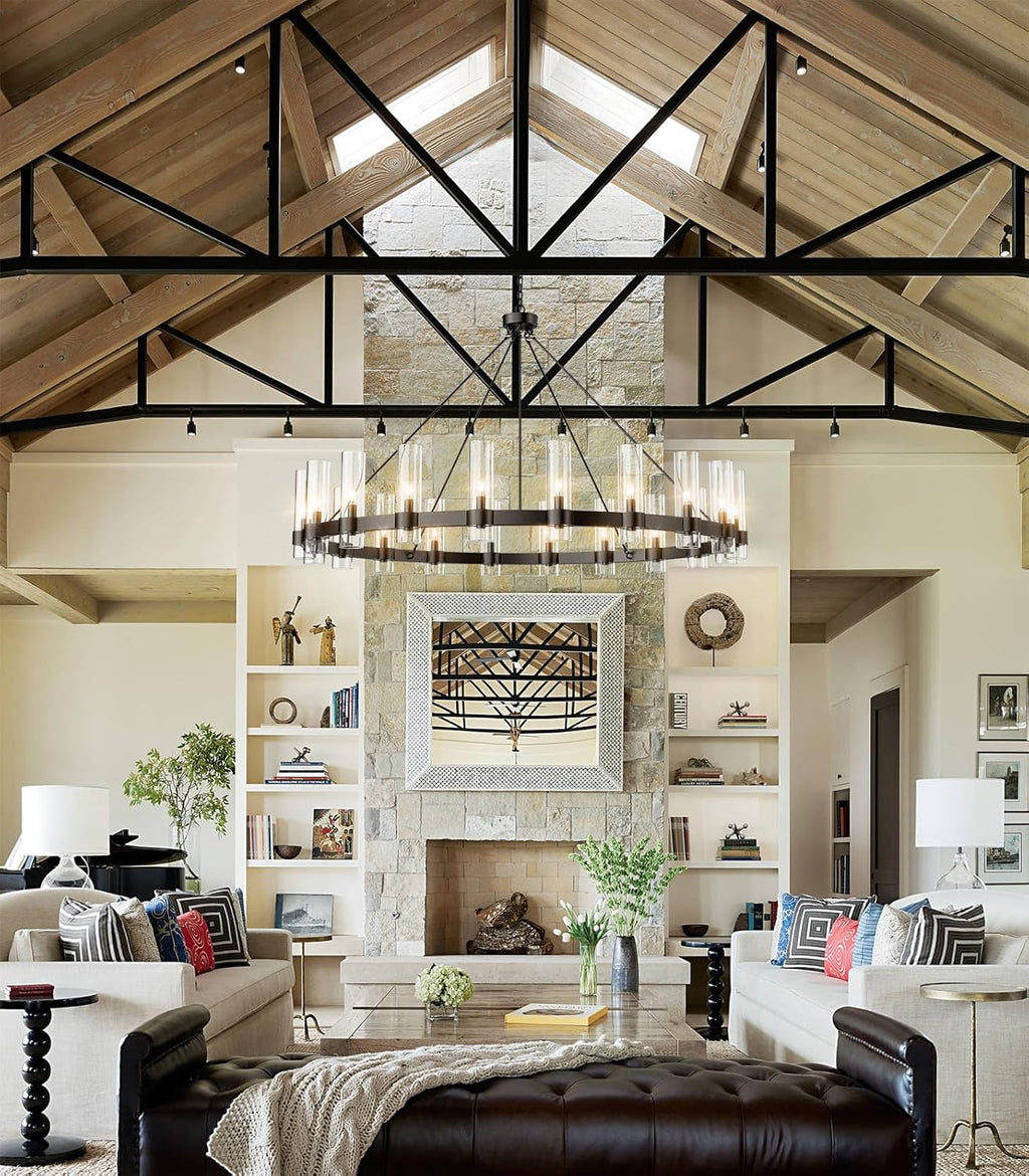 60" Large Black Wagon Wheel Chandelier – Rustic Farmhouse Ceiling Light for Great Rooms & Barns