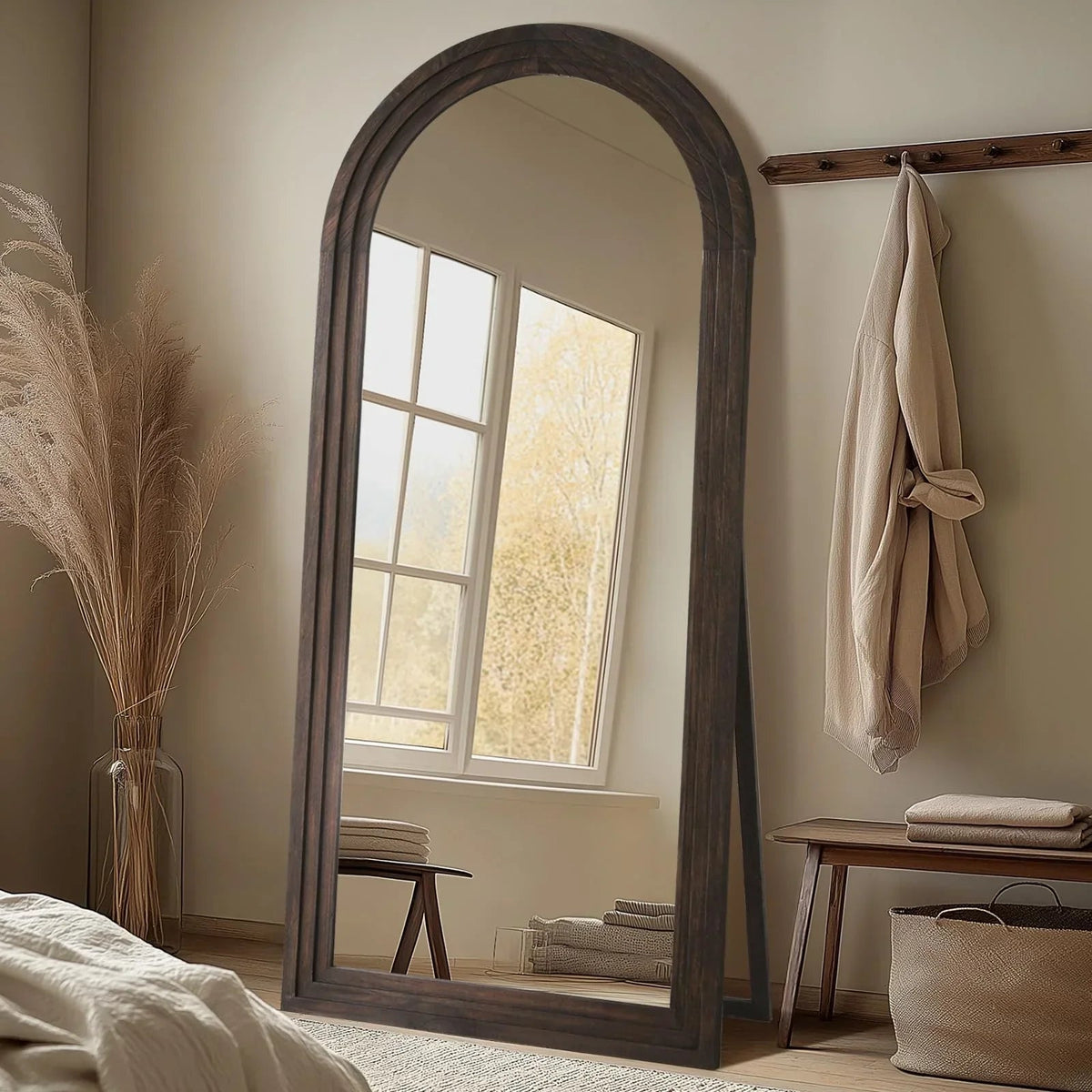 Rustic Farmhouse Arched Floor Mirror – Solid Wood Full Length Leaner Mirror for Bedroom