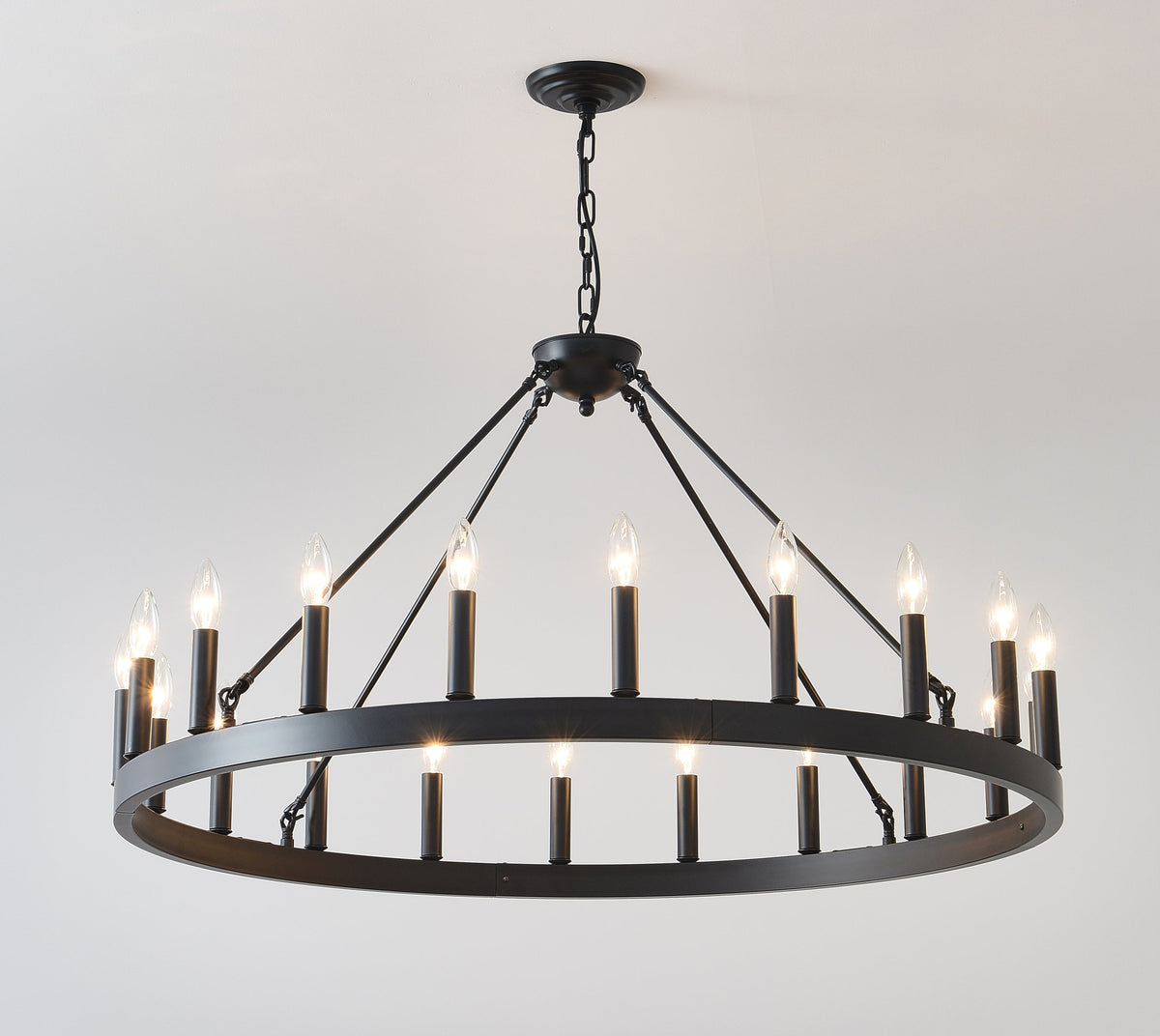 53" Matte Black Wagon Wheel Chandelier with 30 Lights – Rustic Farmhouse Ceiling Light