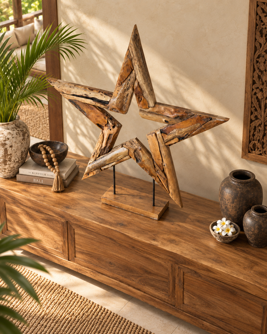 Hand-Carved Bali Teak Star Sculpture on Stand – Large