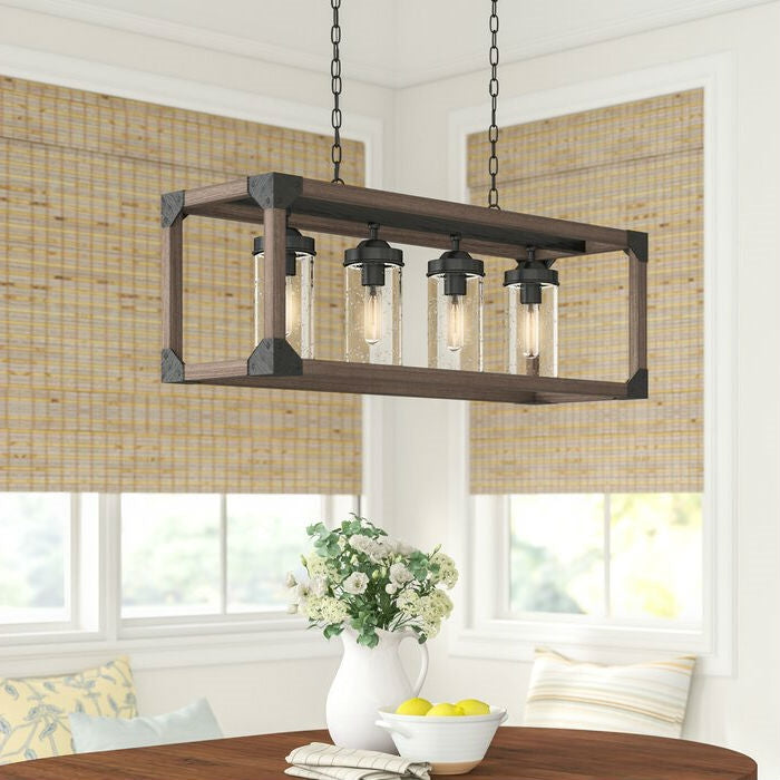 4-Light Dimmable Rectangle Chandelier with Wrought Iron Accents – Industrial Ceiling Light