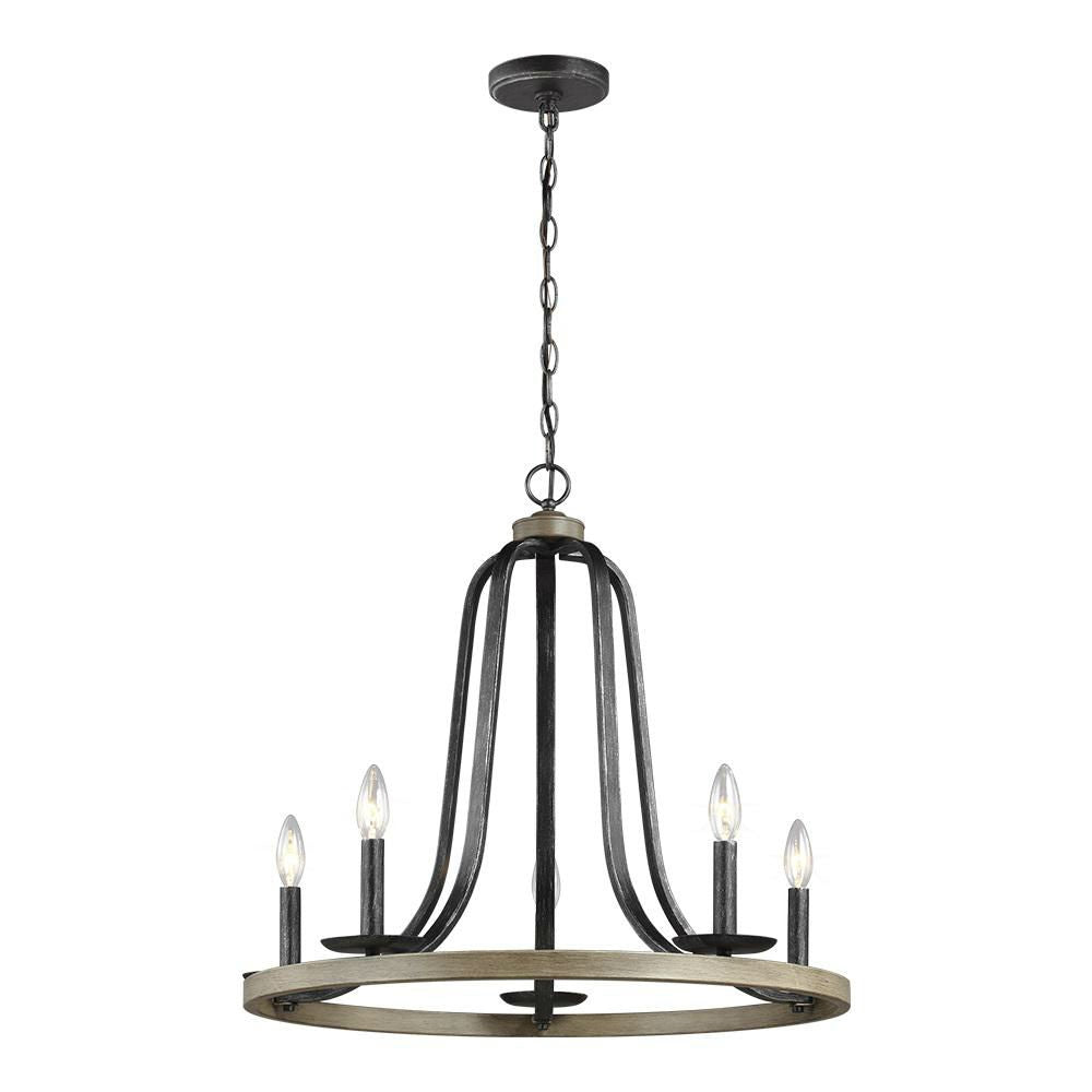 Rustic 5-Light Circle Metal Chandelier with Oak Finish – Dimmable Farmhouse Ceiling Light