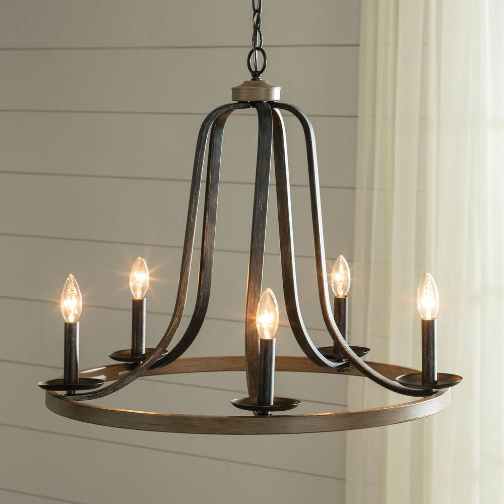 Rustic 5-Light Circle Metal Chandelier with Oak Finish – Dimmable Farmhouse Ceiling Light