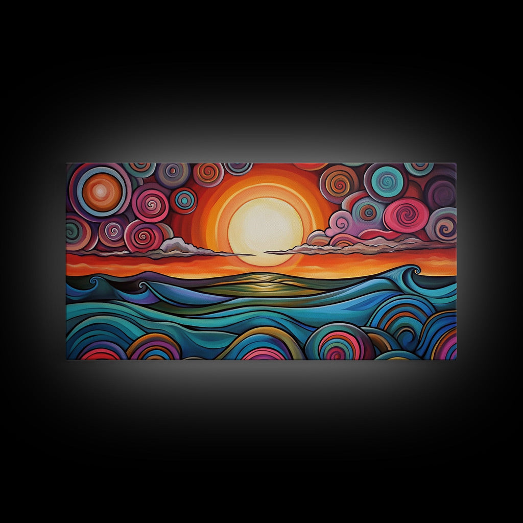 Sunset Waves, Canvas Print, surf wall art, geometric wall art, pink orange wall art, colorful abstract art, extra wide art, boho art
