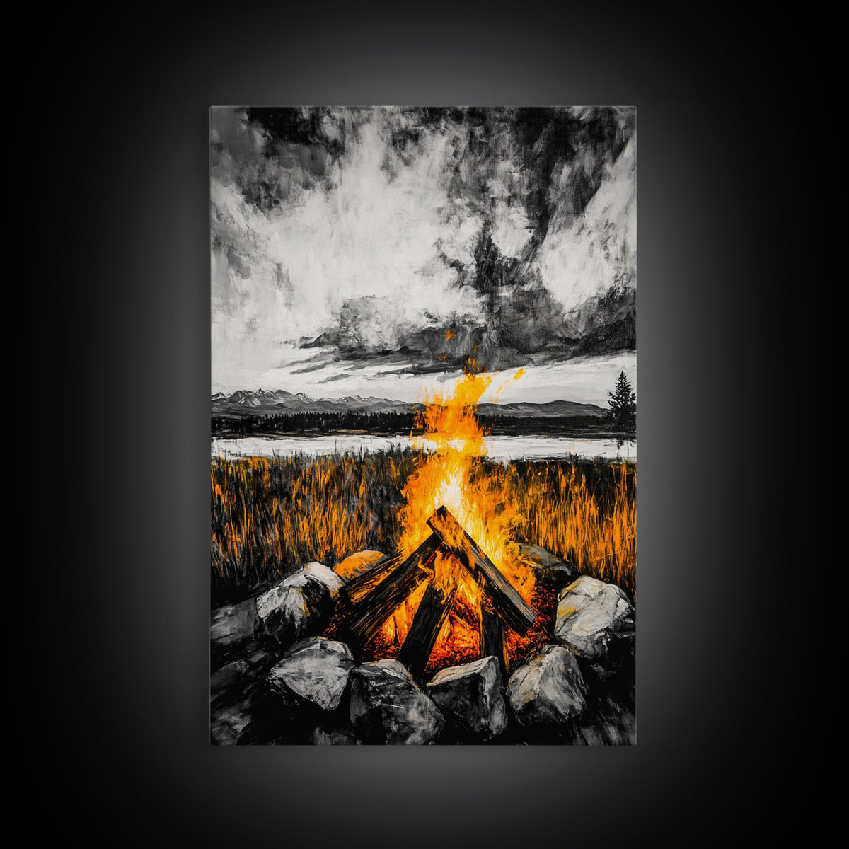 Campfire Painting, Moody Art, Rustic Wall Decor, Fire Pit Artwork, Black White Orange Art, Framed Canvas Print, Cabin Wall Art