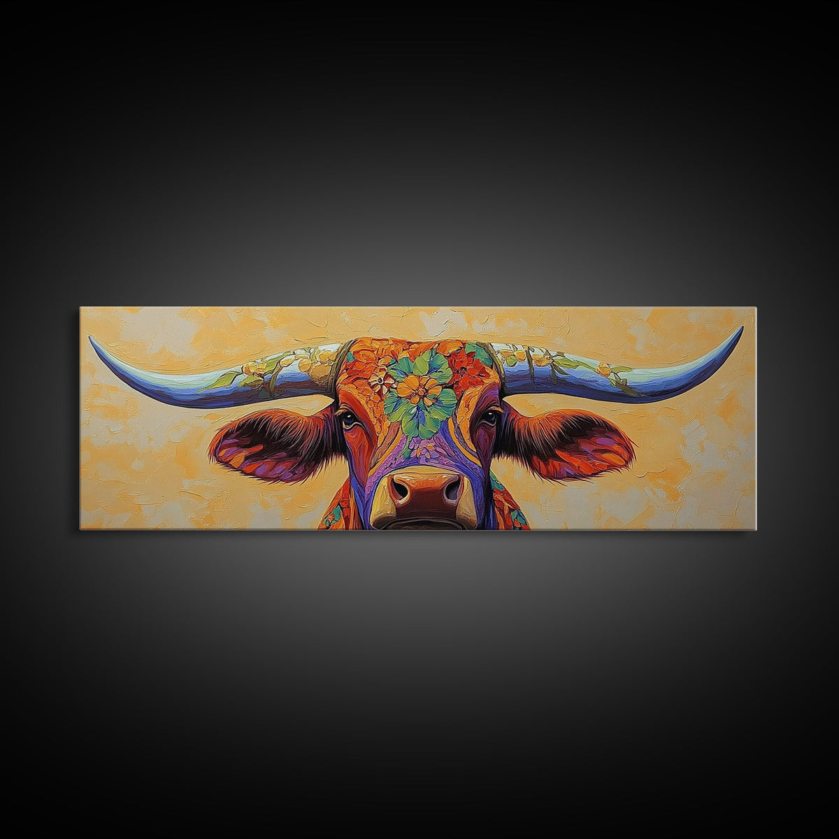 Floral Longhorn Art, Southwestern Wall Art, Texas Cow Art, Rustic Farmhouse Decor, Boho Art, Framed Canvas Print, Moody Art