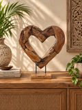 Handmade Bali Teak Heart Sculpture on Stand Medium