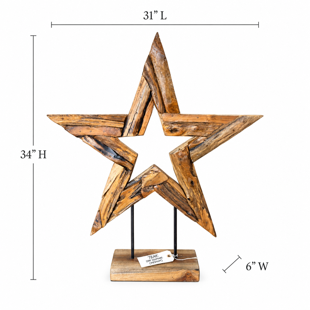 Hand-Carved Bali Teak Star Sculpture on Stand – Medium