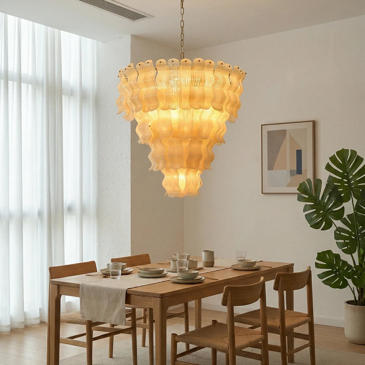 Frosted Wave Layered Glass Chandelier – Modern Sculptural Ceiling Light for Dining Room & Foyer