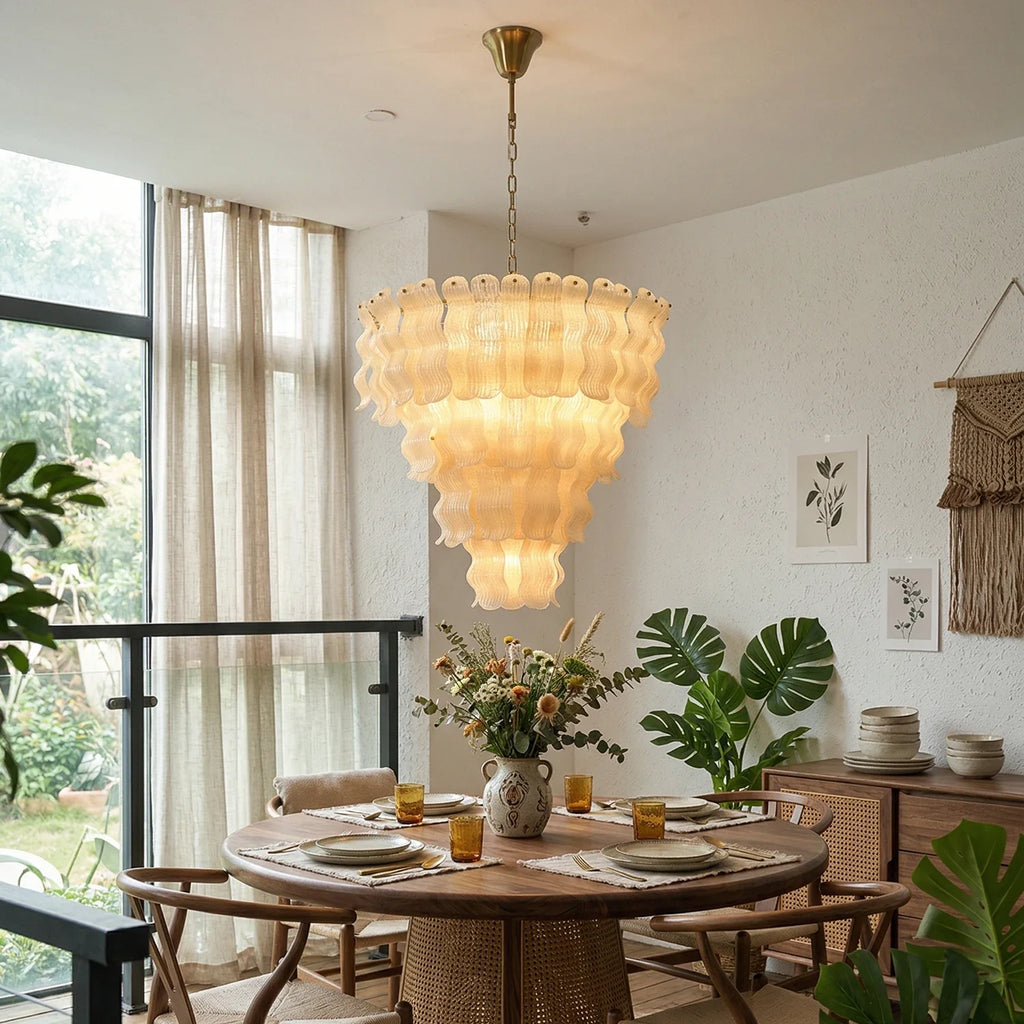Frosted Wave Layered Glass Chandelier – Modern Sculptural Ceiling Light for Dining Room & Foyer