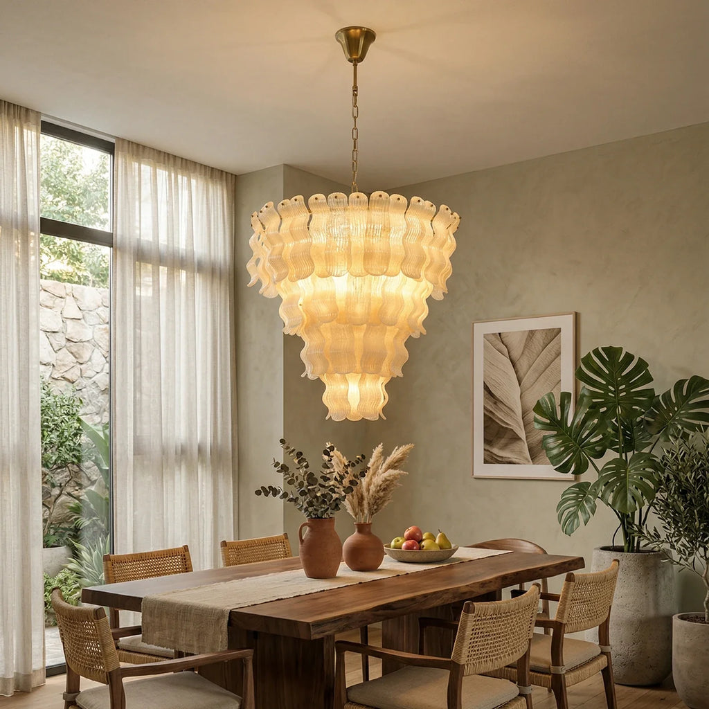 Frosted Wave Layered Glass Chandelier – Modern Sculptural Ceiling Light for Dining Room & Foyer