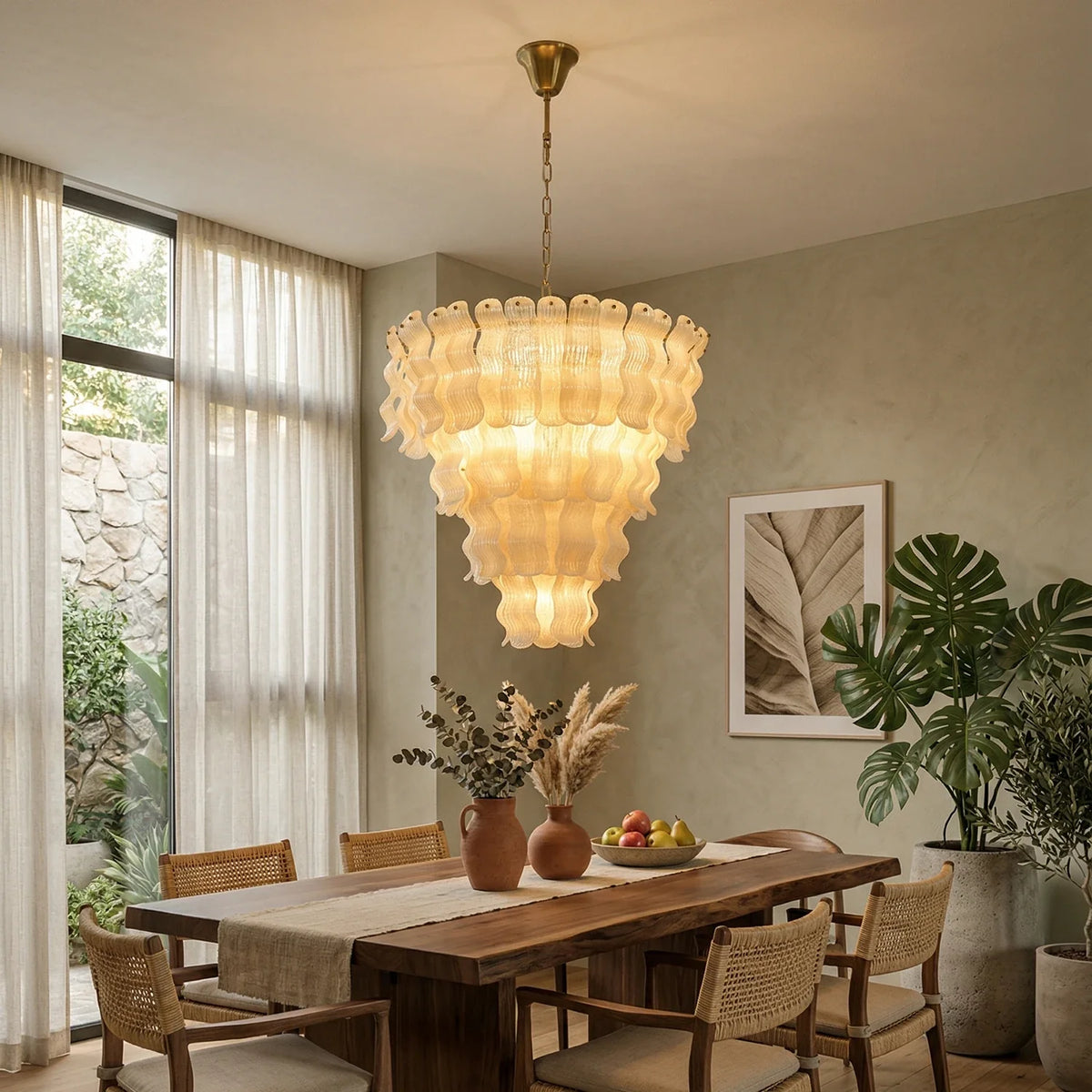 Frosted Wave Layered Glass Chandelier – Modern Sculptural Ceiling Light for Dining Room & Foyer