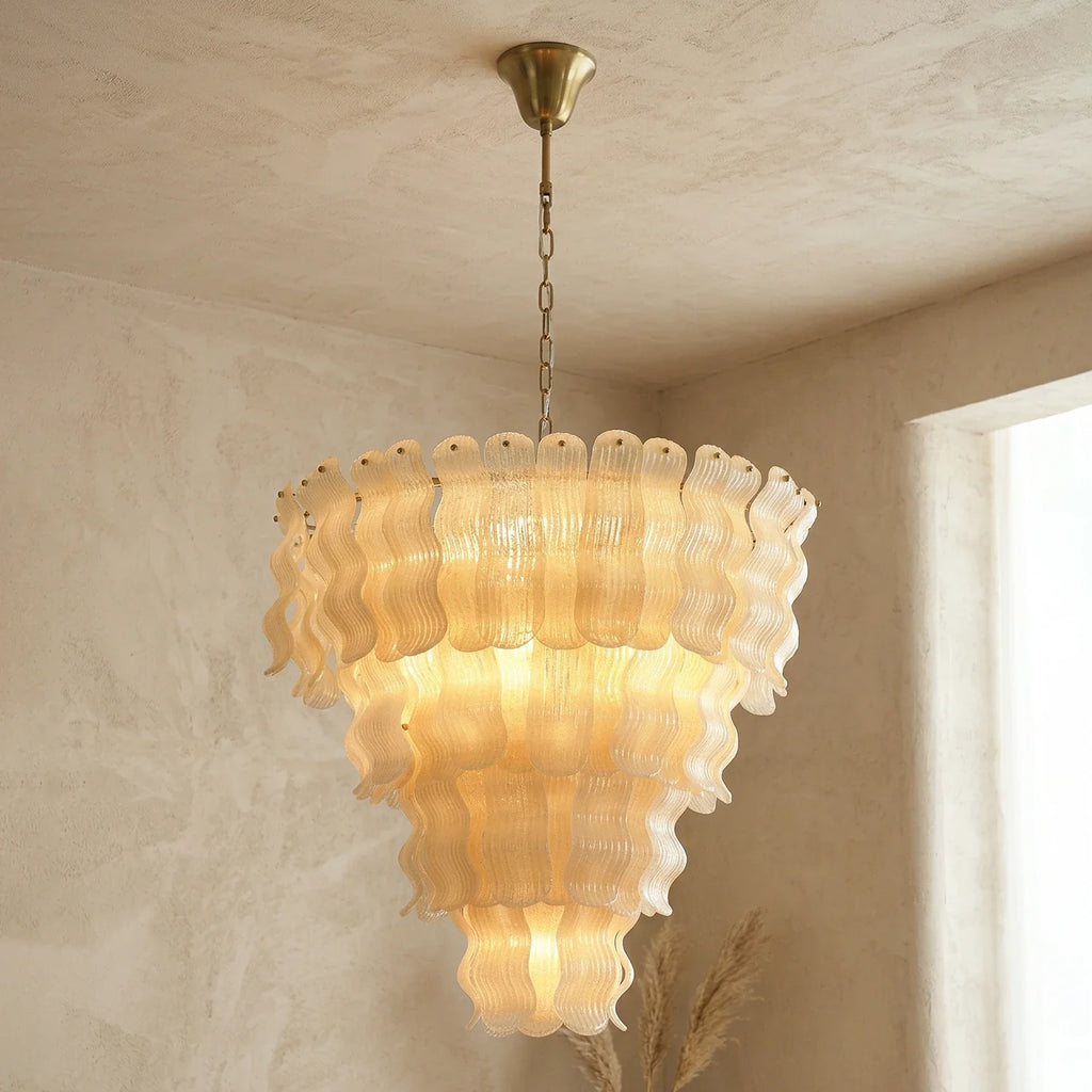 Frosted Wave Layered Glass Chandelier – Modern Sculptural Ceiling Light for Dining Room & Foyer