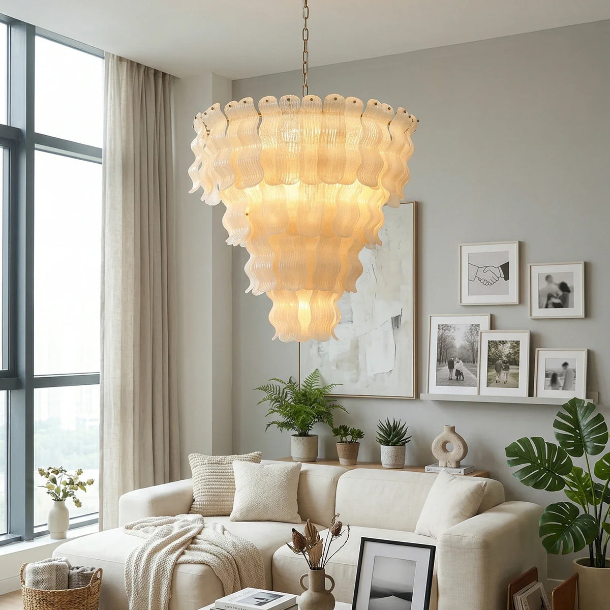 Frosted Wave Layered Glass Chandelier – Modern Sculptural Ceiling Light for Dining Room & Foyer