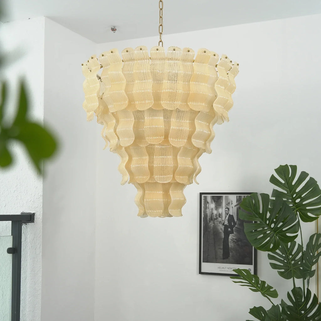 Frosted Wave Layered Glass Chandelier – Modern Sculptural Ceiling Light for Dining Room & Foyer
