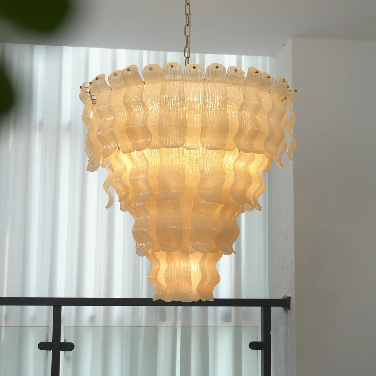 Frosted Wave Layered Glass Chandelier – Modern Sculptural Ceiling Light for Dining Room & Foyer