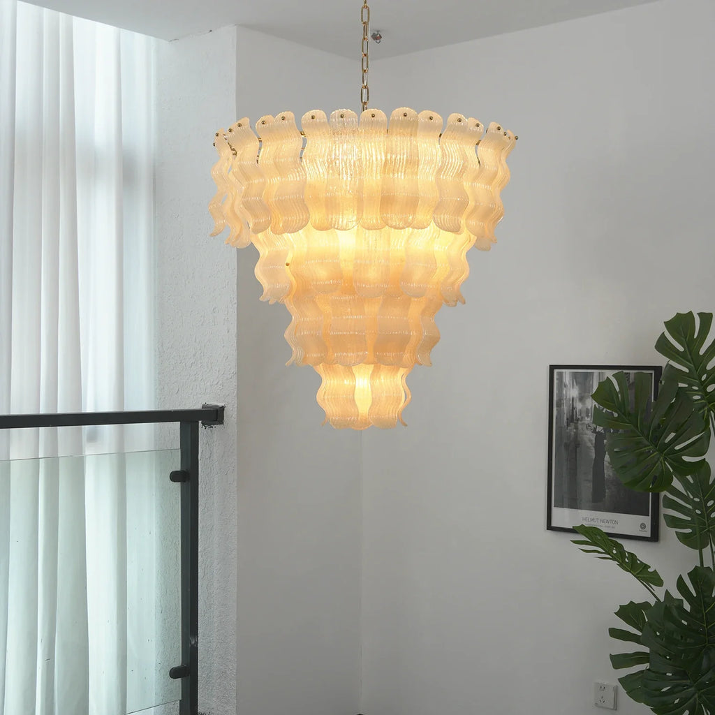 Frosted Wave Layered Glass Chandelier – Modern Sculptural Ceiling Light for Dining Room & Foyer