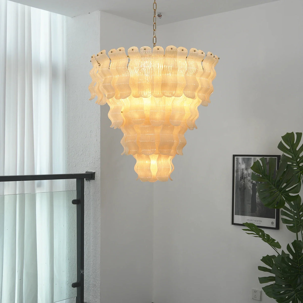 Frosted Wave Layered Glass Chandelier – Modern Sculptural Ceiling Light for Dining Room & Foyer
