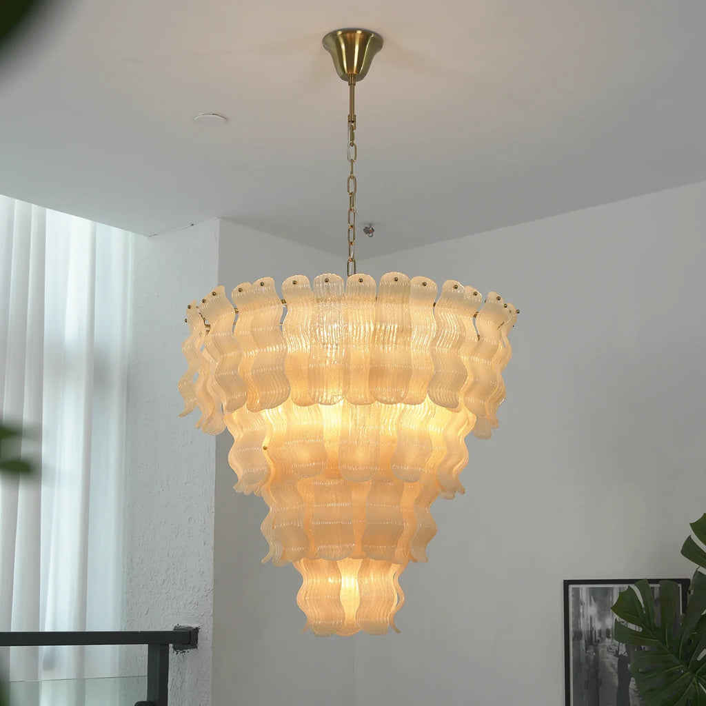 Frosted Wave Layered Glass Chandelier – Modern Sculptural Ceiling Light for Dining Room & Foyer