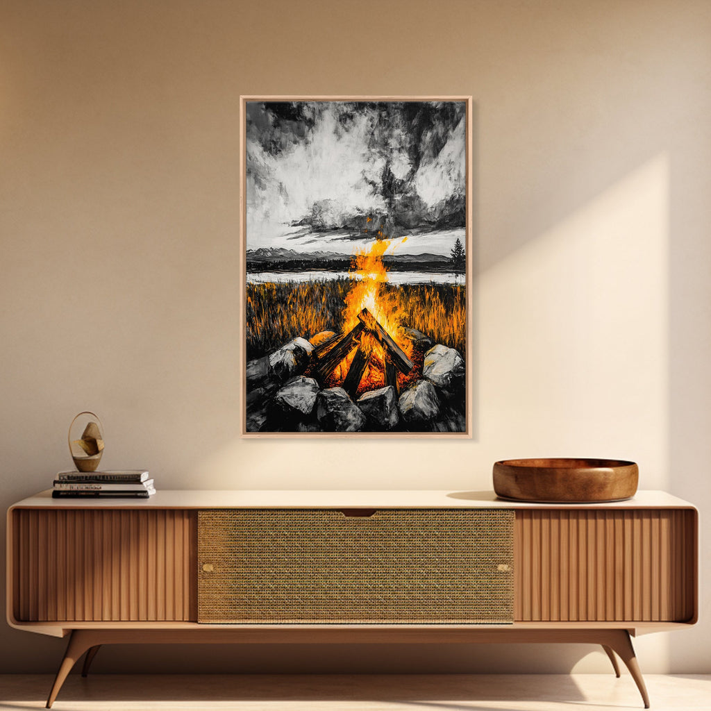 Campfire Painting, Moody Art, Rustic Wall Decor, Fire Pit Artwork, Black White Orange Art, Framed Canvas Print, Cabin Wall Art