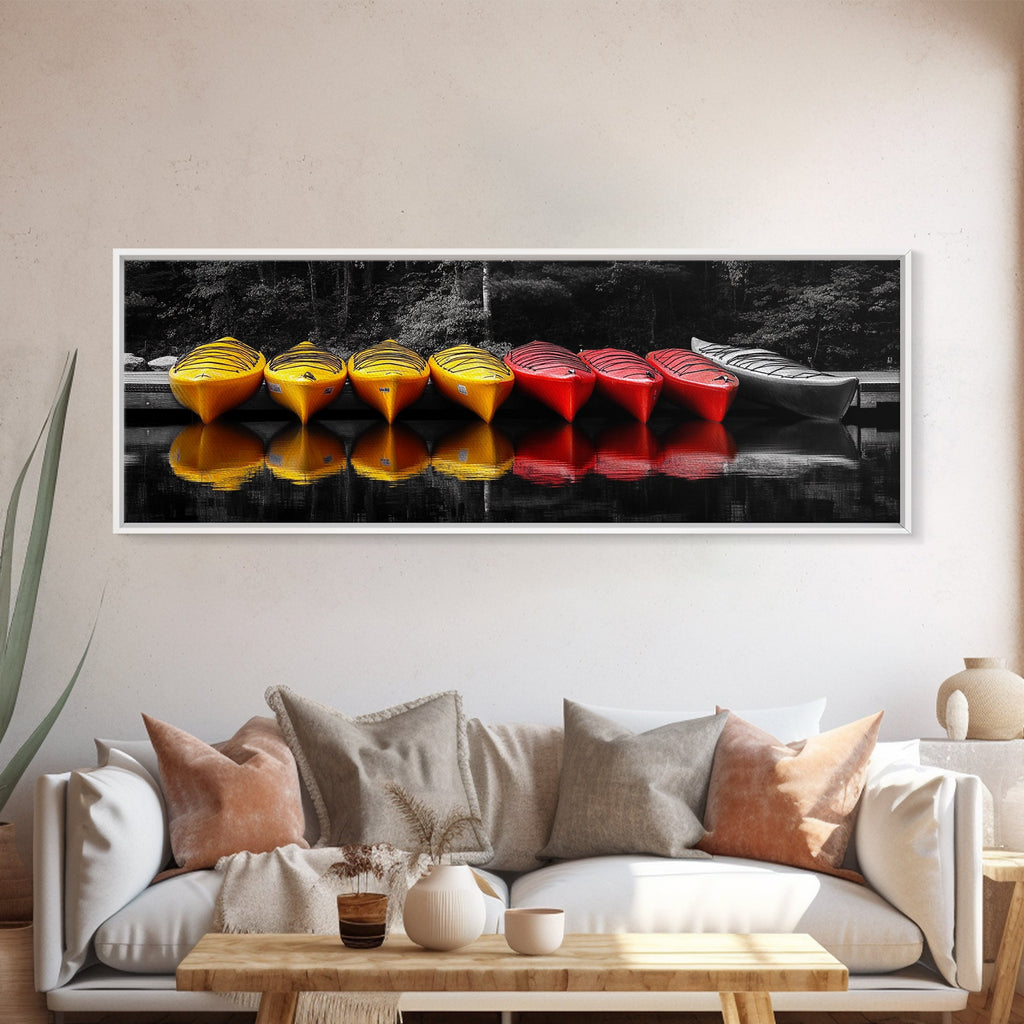 Canoes Docked, Reflection Scene, Kayak Art, Framed Canvas Print, Adventure Wall Art, Boho Water Sports, Cabin Living Room Decor