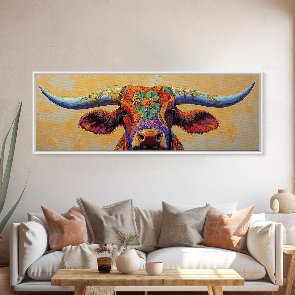 Floral Longhorn Art, Southwestern Wall Art, Texas Cow Art, Rustic Farmhouse Decor, Boho Art, Framed Canvas Print, Moody Art