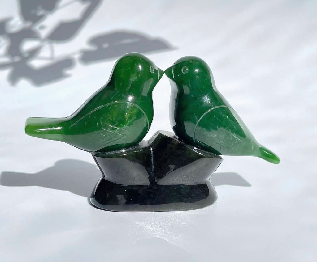 Canadian Jade Lovebirds Sculpture – 35th Anniversary Gift, Hand-Carved Jade Art