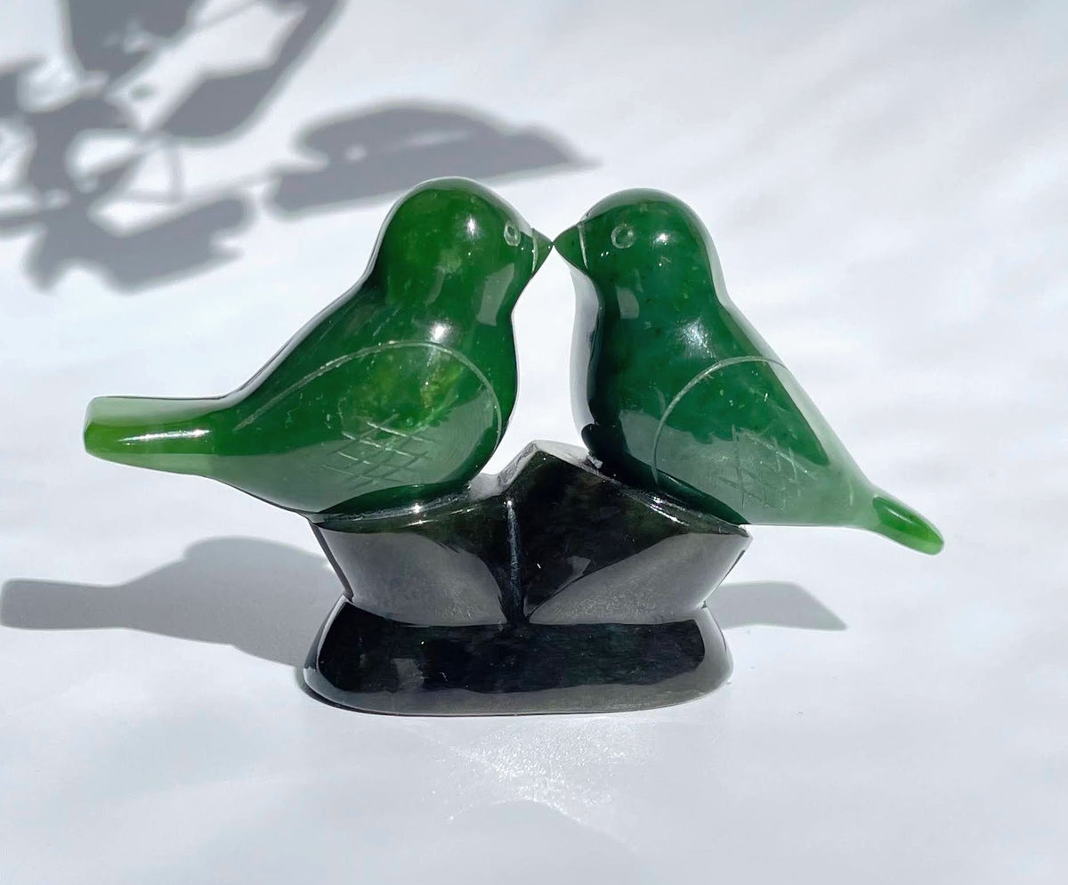 Canadian Jade Lovebirds Sculpture – 35th Anniversary Gift, Hand-Carved Jade Art