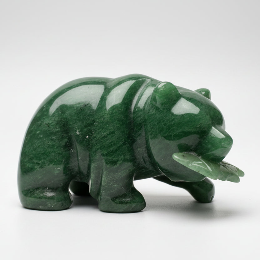 Grizzly Bear with Fish Jade Sculpture – Hand-Carved Wildlife Art for Home & Office Decor