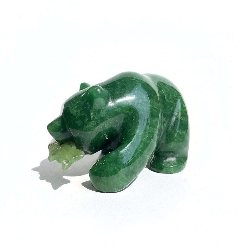 Grizzly Bear with Fish Jade Sculpture – Hand-Carved Wildlife Art for Home & Office Decor