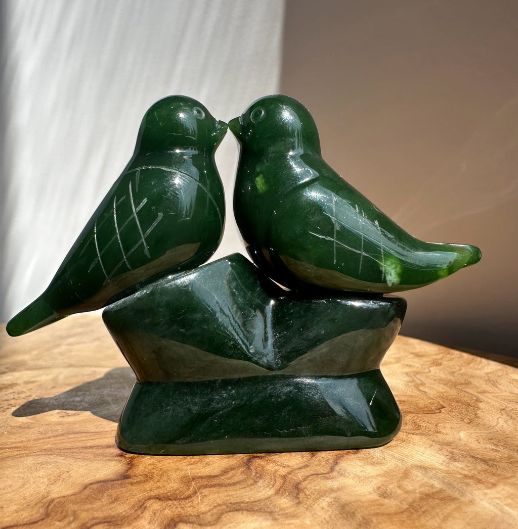 Canadian Jade Lovebirds Sculpture – 35th Anniversary Gift, Hand-Carved Jade Art