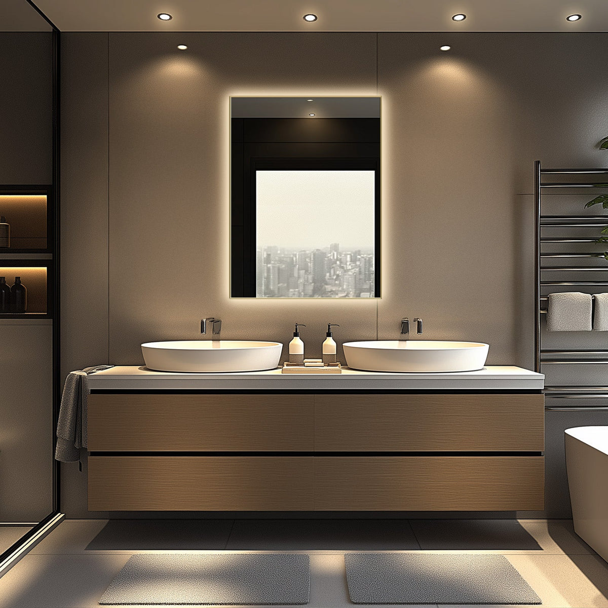 Brushed Gold LED Bathroom Mirror – Backlit, Anti-Fog & Dimmable Vanity Wall Mirror
