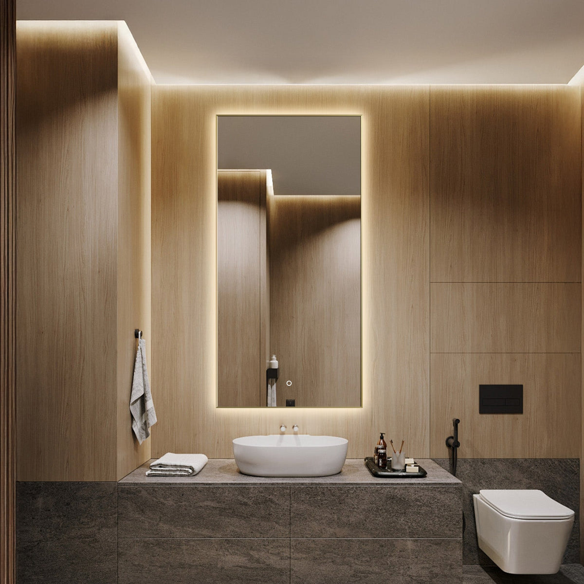 Brushed Gold LED Bathroom Mirror – Backlit, Anti-Fog & Dimmable Vanity Wall Mirror