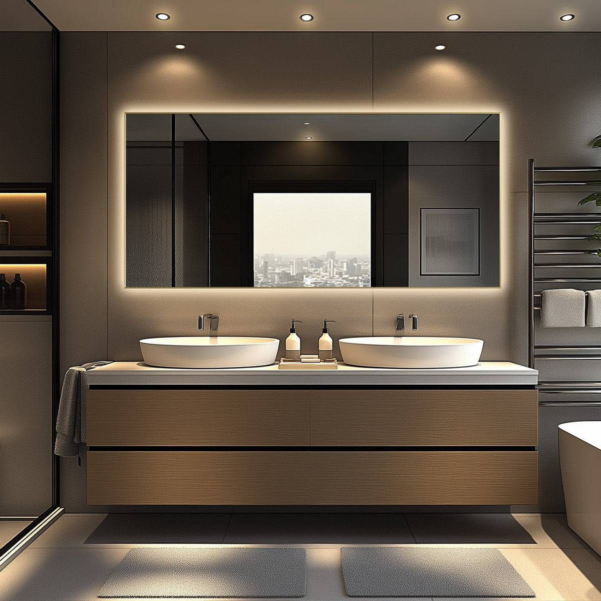Brushed Gold LED Bathroom Mirror – Backlit, Anti-Fog & Dimmable Vanity Wall Mirror