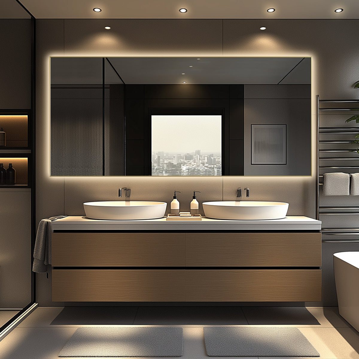Brushed Gold LED Bathroom Mirror – Backlit, Anti-Fog & Dimmable Vanity Wall Mirror