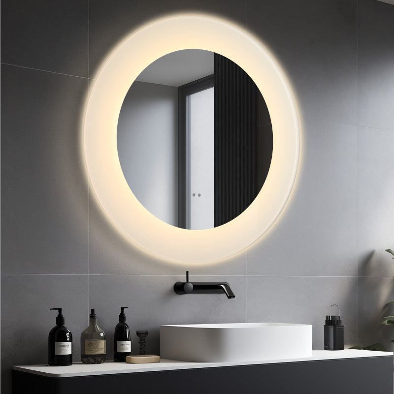 Round LED Bathroom Mirror – Acrylic Frame, 3-Color Dimmable, Anti-Fog Wall Vanity Mirror
