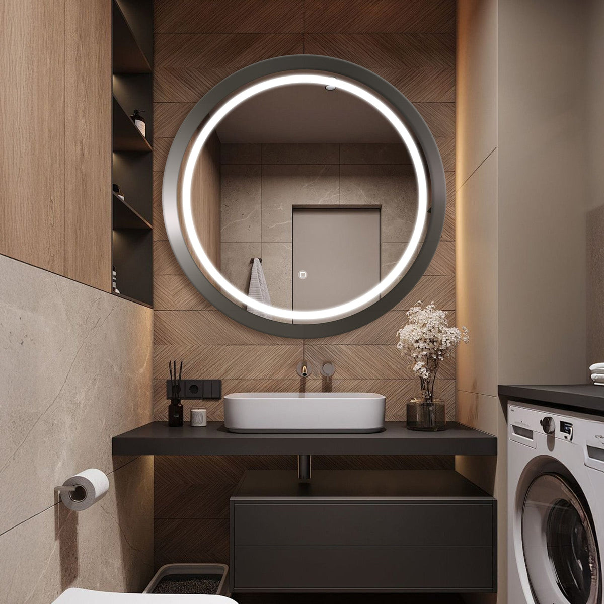 Round LED Bathroom Mirror with Grey Metal Frame – Dimmable Vanity Mirror, 3 Color Lights, Anti-Fog