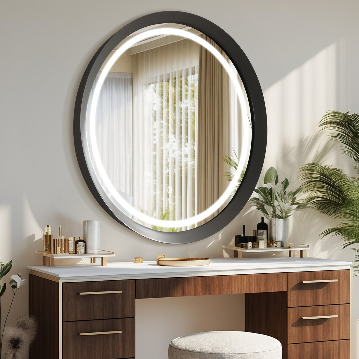 Round LED Bathroom Mirror with Grey Metal Frame – Dimmable Vanity Mirror, 3 Color Lights, Anti-Fog