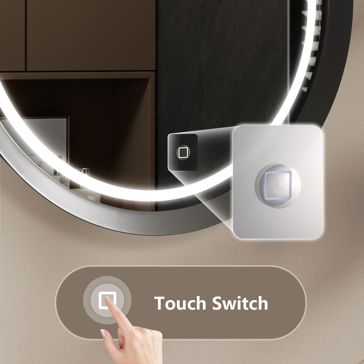 Round LED Bathroom Mirror with Grey Metal Frame – Dimmable Vanity Mirror, 3 Color Lights, Anti-Fog