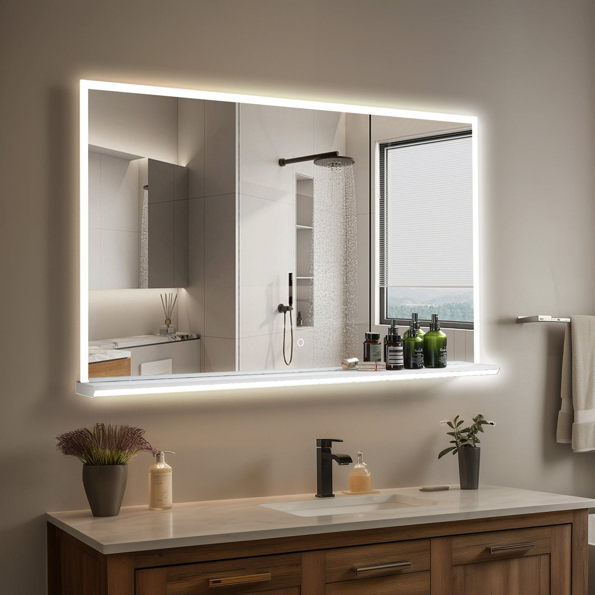 LED Bathroom Mirror with Shelf & Anti-Fog – 28x48 Dimmable Vanity Mirror, 3 Color Lighting