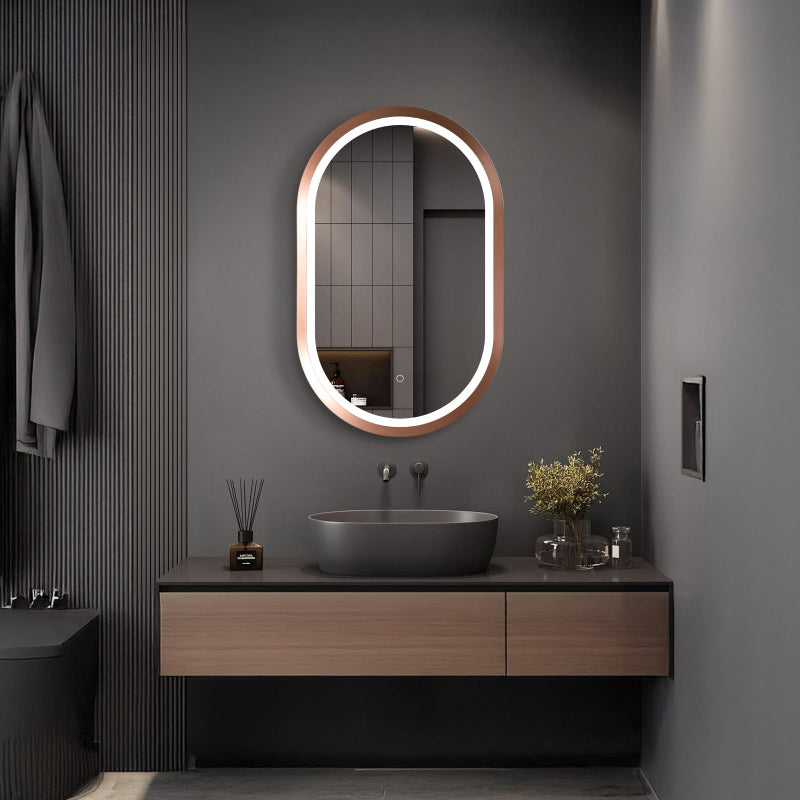 Oval LED Bathroom Mirror with Rose Gold Frame – Dimmable Vanity Mirror, 3 Color Lights, Anti-Fog