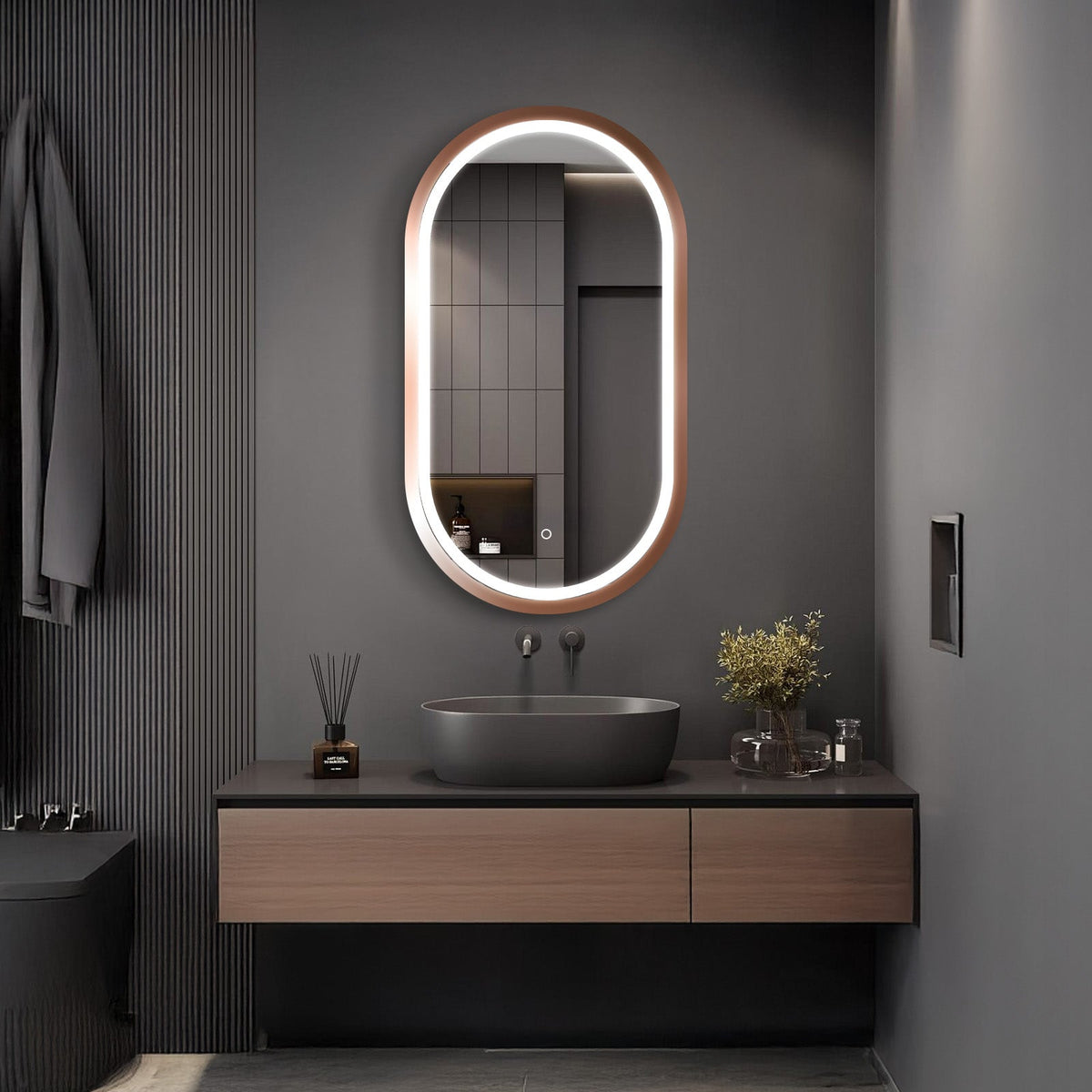 Oval LED Bathroom Mirror with Rose Gold Frame – Dimmable Vanity Mirror, 3 Color Lights, Anti-Fog