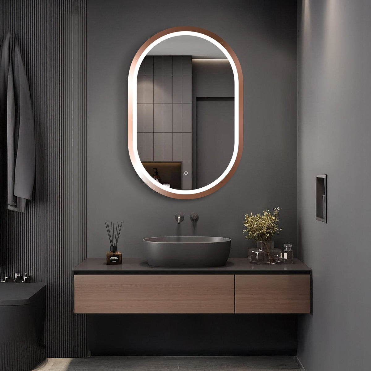 Oval LED Bathroom Mirror with Rose Gold Frame – Dimmable Vanity Mirror, 3 Color Lights, Anti-Fog