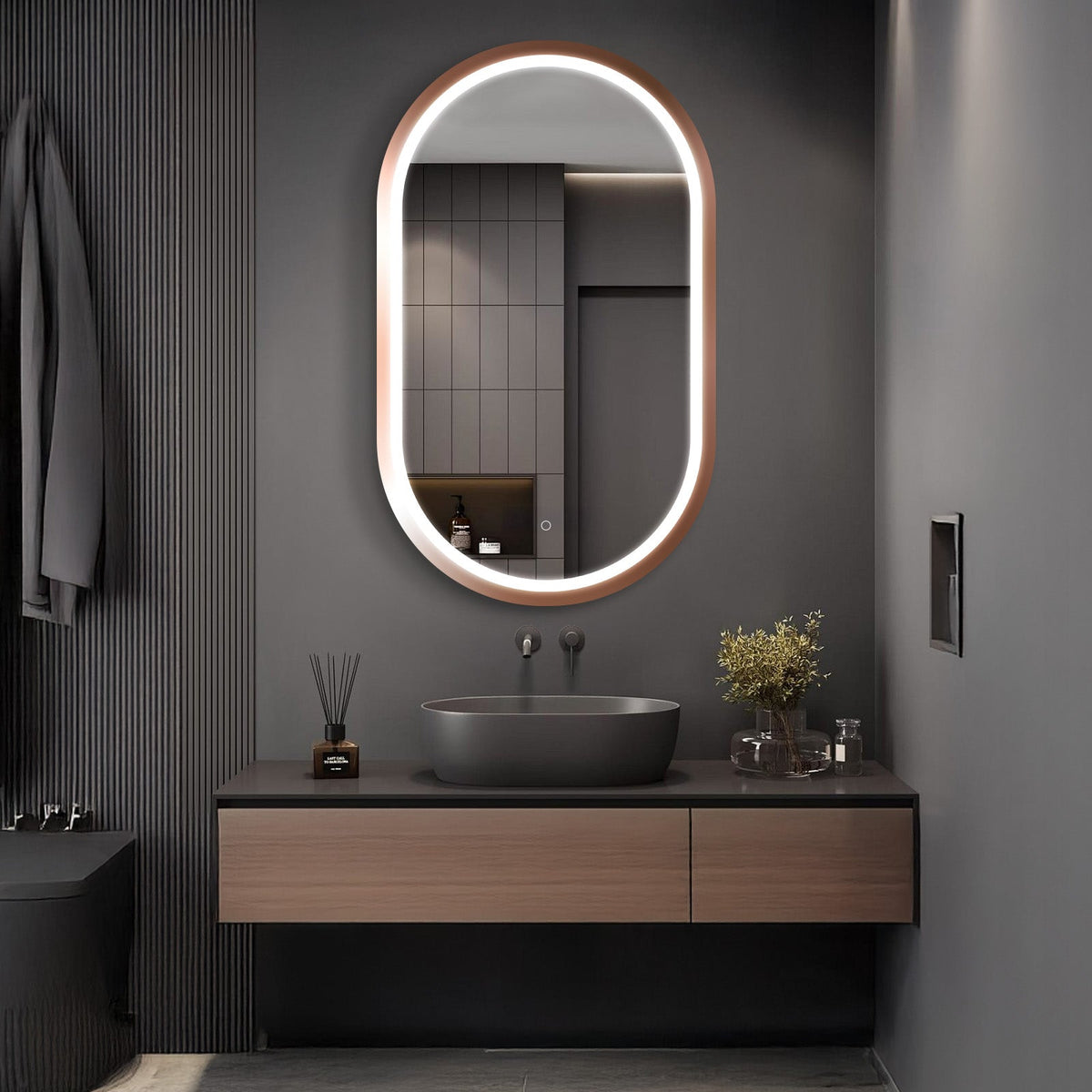 Oval LED Bathroom Mirror with Rose Gold Frame – Dimmable Vanity Mirror, 3 Color Lights, Anti-Fog