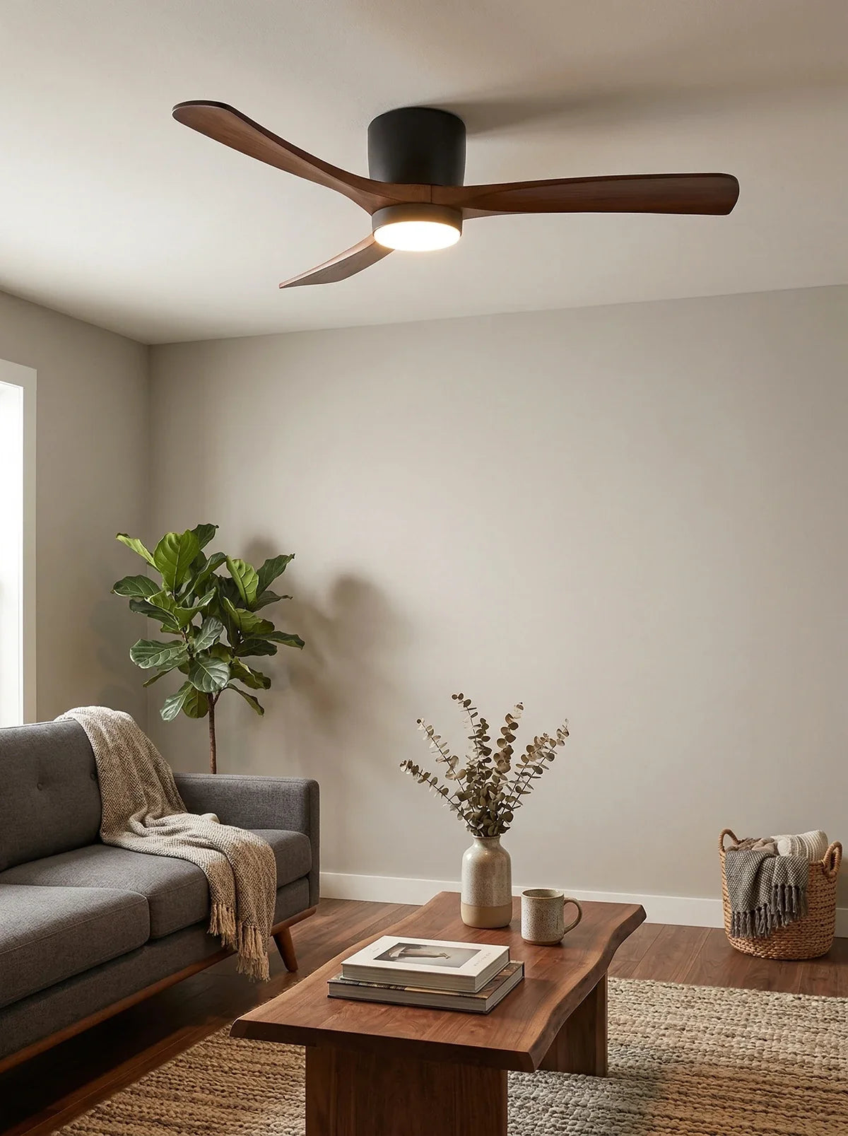 Nordic Propeller Wooden Ceiling Fan Light – Modern Farmhouse Fan with Integrated LED for Living Room & Bedroom