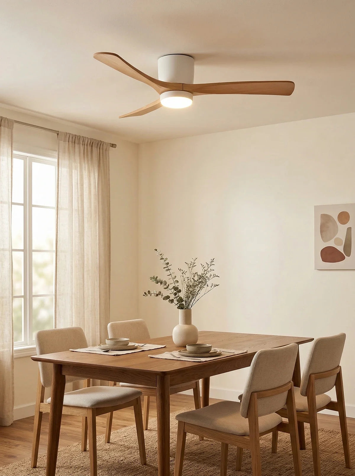 Nordic Propeller Wooden Ceiling Fan Light – Modern Farmhouse Fan with Integrated LED for Living Room & Bedroom